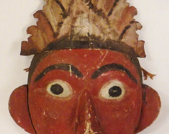 MASK INDONESIAN ETHNOGRAPHIC Large Wood Metal Headress red paint app 21 x 15 x 6 in