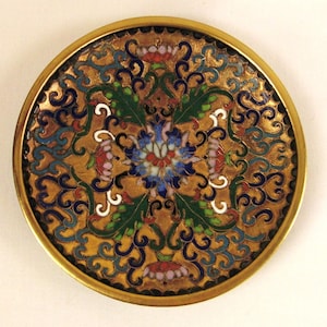 ASIAN CLOISONNE, Relief Enamel, TRAY, Round, Decorative Floral , Gilt background, on copper or brass , 4 7/8 diam