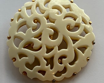 Designer Monet Brooch, Round FOLIAGE Design,  white Thermoplastic,  Goldtone metal, Great condition , Signed, app 2 1/2 in, Mothers Day Gift