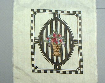 Vintage QUILT Silk square Handpainted basket with flowers Memphis black and white design  organza 6x6 3/4 in