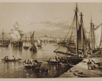 ANTIQUE City of BOSTON View Original steel Engraving 1800s 12 3/8 x 9 1/2  in Ready to frame