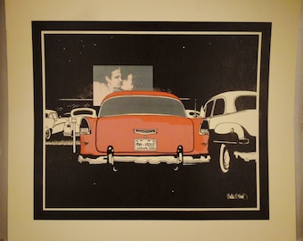 Original ART Print ,1955 Red CHEVROLET,  at Drive In Litho,  and SILKSCREEN, Signed on print,  30 in by 26 inches