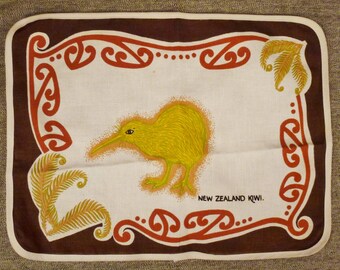 NEW ZEALAND KIWI Bird   Vintage Linen  Cotton Mat Towel  silkscreen   14  1/4 X 11