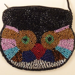 Handbeaded OWL WALLET Colorful black pink red green brown yellow glass beads 4 in x 5 in lined image 2