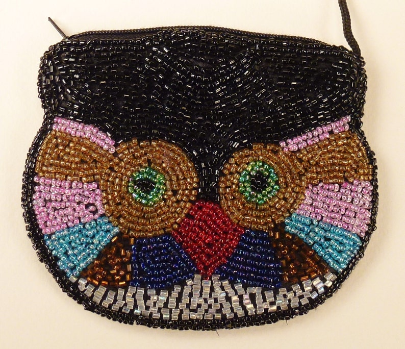 Handbeaded OWL WALLET Colorful black pink red green brown yellow glass beads 4 in x 5 in lined image 2