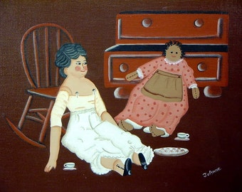 PAINTING DOLLS American Primitive TEATIME Signed Framed 17.5 x 14.5 Folk Art