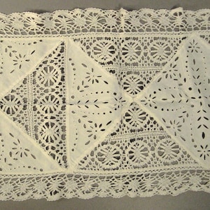 LACE Runner Cutout White open work and linen crochet Embroidered Floral Folk Art Openwork 54 x 17 image 1