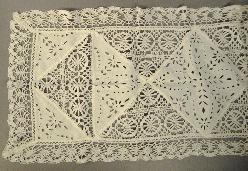 LACE Runner Cutout White open work and linen crochet Embroidered Floral Folk Art Openwork 54 x 17 image 1