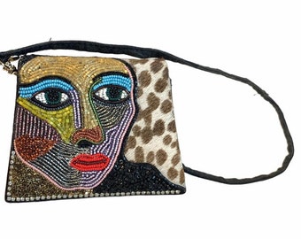 EMBROIDERED Woman face BAG, Handcrafted Moderne face Bag, Colorful beaded face bag, app 5x3x2 in, One of a Kind Bag, Mothers Day gift