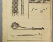 HUSCANAWER Virginian Tribes,ornaments, tomahawk, Ceremonial objects ANTIQUE Original steel Engraving 1700s 15 1 2 x 9 1 2 in Ready to frame