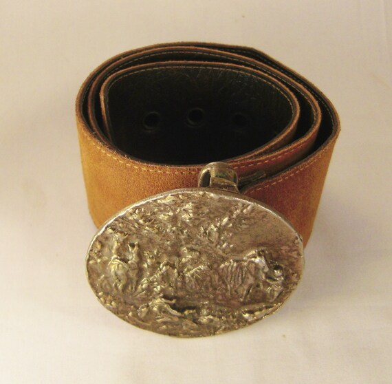 BRASS LEATHER Belt, Cowboys Horses Campfire, Southwes… Gem