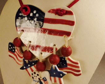 Necklace FLAGS  STARS and STRIPES porcelain Studio  app 3 1/2 in w 18 in long one of a kind necklace