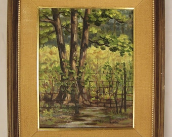Impressionistic OIL  Landscape Signed by artist  Trees and Fence Scene Original 1971 14x12 Framed