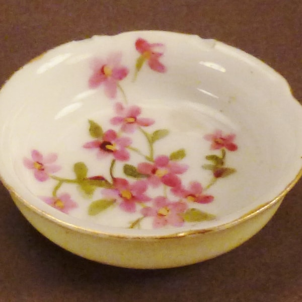 ANTIQUE LIMOGES  SALT Dip porcelain gold Handpainted  flowers  signed 2 1/8 diam x 1/2 in tall great condition