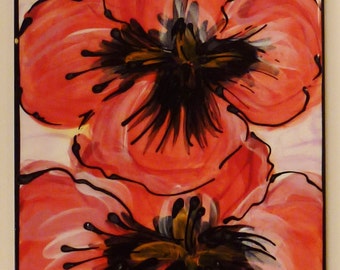 Vintage  TILE Trivet DRINKS HIBISCUS  handcrafted Flower Glazed  red black Ceramic  8 x6 Signed