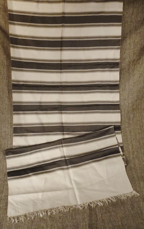 Raw  Silk SCARF 1950s  Black and white Color LINE… - image 1