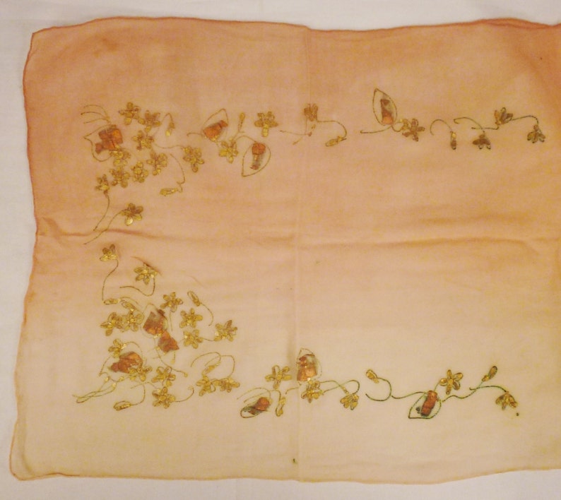 Vintage Silk SCARF VIOLETS Handpainted Copper and Gold Oganza Gauze Two tone beige Long 38X16 image 3