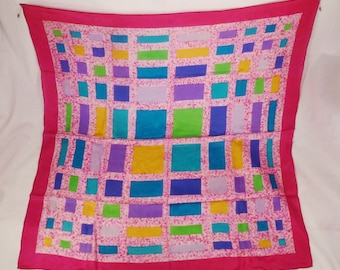 Vintage Designer modern design  1970s silk pink background multi color rectangle 31 x30inches great condition