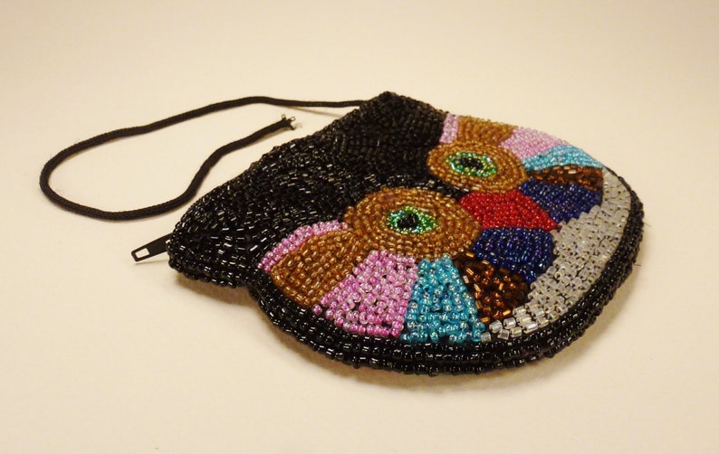 Handbeaded OWL WALLET Colorful black pink red green brown yellow glass beads 4 in x 5 in lined image 4