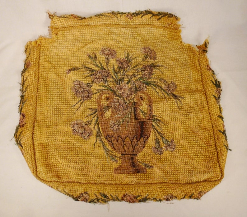 ANTIQUE FRENCH PETIT Point Needlepoint Chair Cover All silk floss threads Carnations on canvas Stunning 20 x 19 image 2