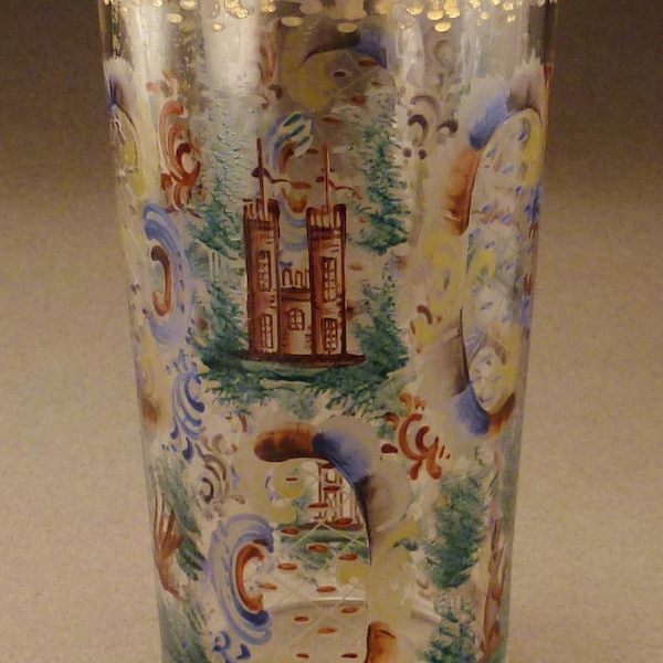 BOHEMIAN GLASS BEAKER, enamel handpainted glass, early European antique,  one of a kind , church deer flowers 5 in tall, great condition
