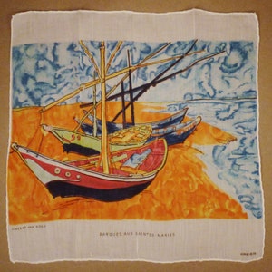 VAN GOGH Taschentuch, BOATS Malerei Design, Barques Aux Saintes Maries, Seide, Kreier signiert, große 13 X 13 Orange rosa braun schwarz Minze
