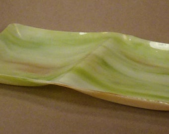 SLAG GLASS  Divided rectangular Serving Dish green brown white marblelized colors app 14 x 8 x 2inches