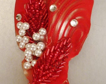 HANDCRAFTED fLORAL , Brooch  , Sequins, rhinestones,  app 4 1/4 in long, 2 1/8   in wide, one of a kind, ARTISTIC