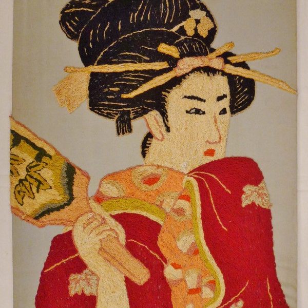 JAPAN GEISHA  EMBROIDERED Panel Portrait Silk floss Utamaro print  actress  16 x 12 1950s Antique