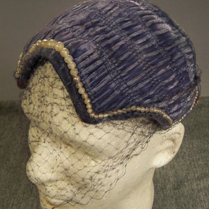Vintage HAT 1960&#39;s Millinery BANDEAU Purple Velvet Pearls Veil new Dead Stock 7 in 5 in wide