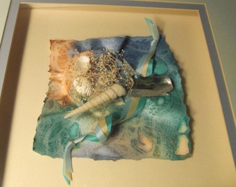 ART ASSEMBLAGE FRAMED Shadow Box Sea Shells Pntd Paper signed