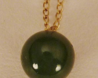 Asian JADE PENDANT BEAD round stone 1/4 in wide1960s  in chain app 16 in goldplate chain  old stock