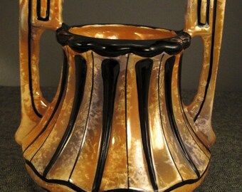 GREEK CRATER VASE Modern version Arts and Crafts Irridescent orange and black  8 in tall 7 in diam