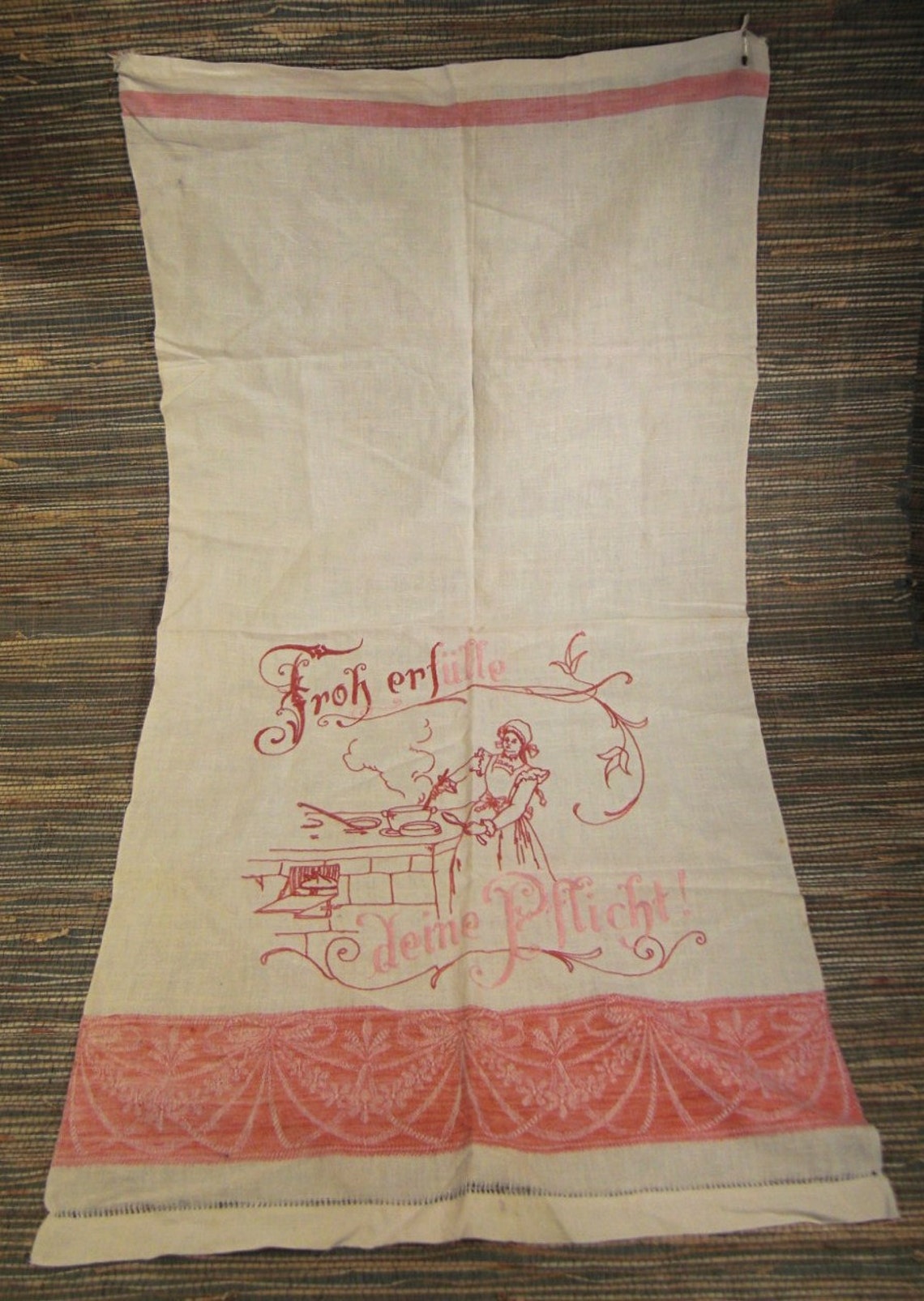 Motto Towel LINEN GERMAN Embroidered Turkey Red Amd Pink 22 X Etsy