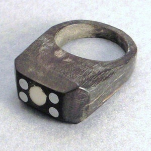 Handcrafted RING,  WOOD or Horn, Carved and inlaid brass and silver star design,  size 7 1/2  1 in long,7/8 wide. hole 3/4 in