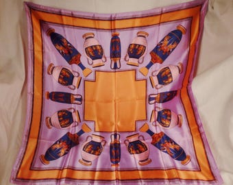 GREEK VASES SCARF Vintage Designer Silky Rayon ScarfPurple yellow blue  1970s 30x30 in great condition