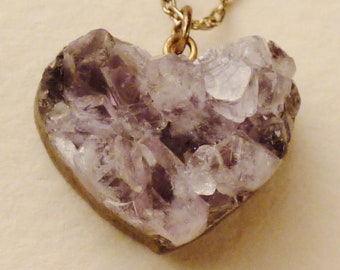 AMETHYST, VALENTINE Heart,Pendant,  Carved Agate stone,with Crystals, 1960s, 1 inch, 17in silvertone chain hanging