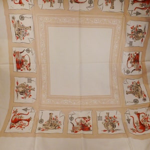 Vintage Eames era Linen TABLECLOTH  linen  printed  Mid Century table settings condition 50 x 46  red beige white