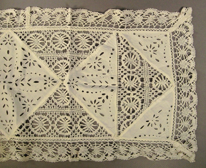 LACE Runner Cutout White open work and linen crochet Embroidered Floral Folk Art Openwork 54 x 17 image 3