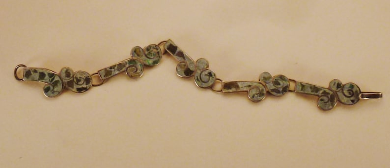 MEXICAN STERLING BRACEET Taxco Signed 5 links Inlaid stones cutout floral design app 7 in long 58 in wide