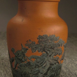 Rare PRATTWARE HUNTING Scene VASE Signed England   vintage 4 in tall ap 3 in diam