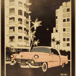 Original ART Print 1956 CAILLAC Pink Convertible Litho  and SILKSCREEN Signed on print  30 in by 26 inches