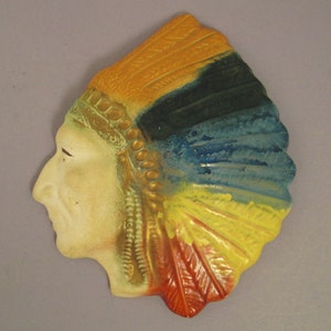 INDIAN CHIEF HEAD, Wall Plaque,  cast plaster,  Handcrafted, Rainbow colors, Great Condition, app 9 x 8 in