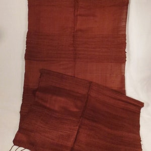 Raw  Silk SCARF 1950s  hand woven  SHAWL hand dyed rich chocolate brown color   60 X 17.5  hand fringed Thailand Siam