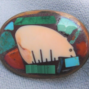 SOUTHWESTERN ZUNI BEAR, Inlaid Belt Buckle, Signed Silver, Turquoise, Coral, Seashell, Malachite, Aegillite, App 2 1/4LX1 1/2 T, Native Amer