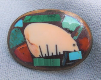 SOUTHWESTERN ZUNI BEAR, Inlaid Belt Buckle, Signed Silver, Turquoise, Coral, Seashell, Malachite, Aegillite, App 2 1/4LX1 1/2 T, Native Amer