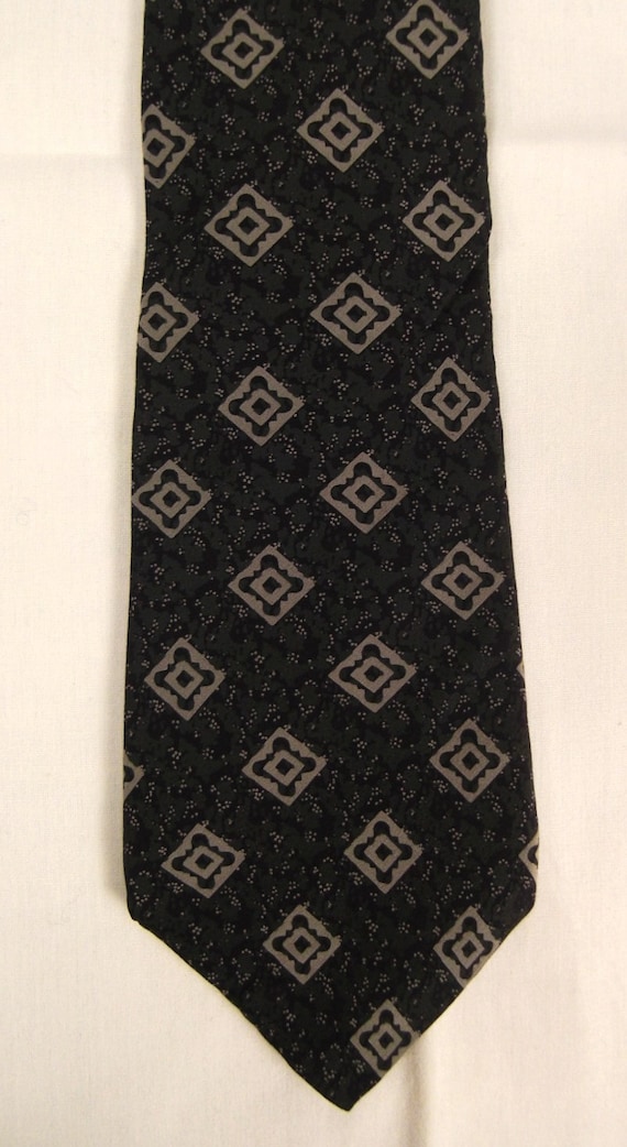 Designer YSL Neck TIE 1980s Silk Crepe Black Grey 