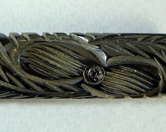 vintage BAKELITE Carved brooch pin floral long 3 x 1 black