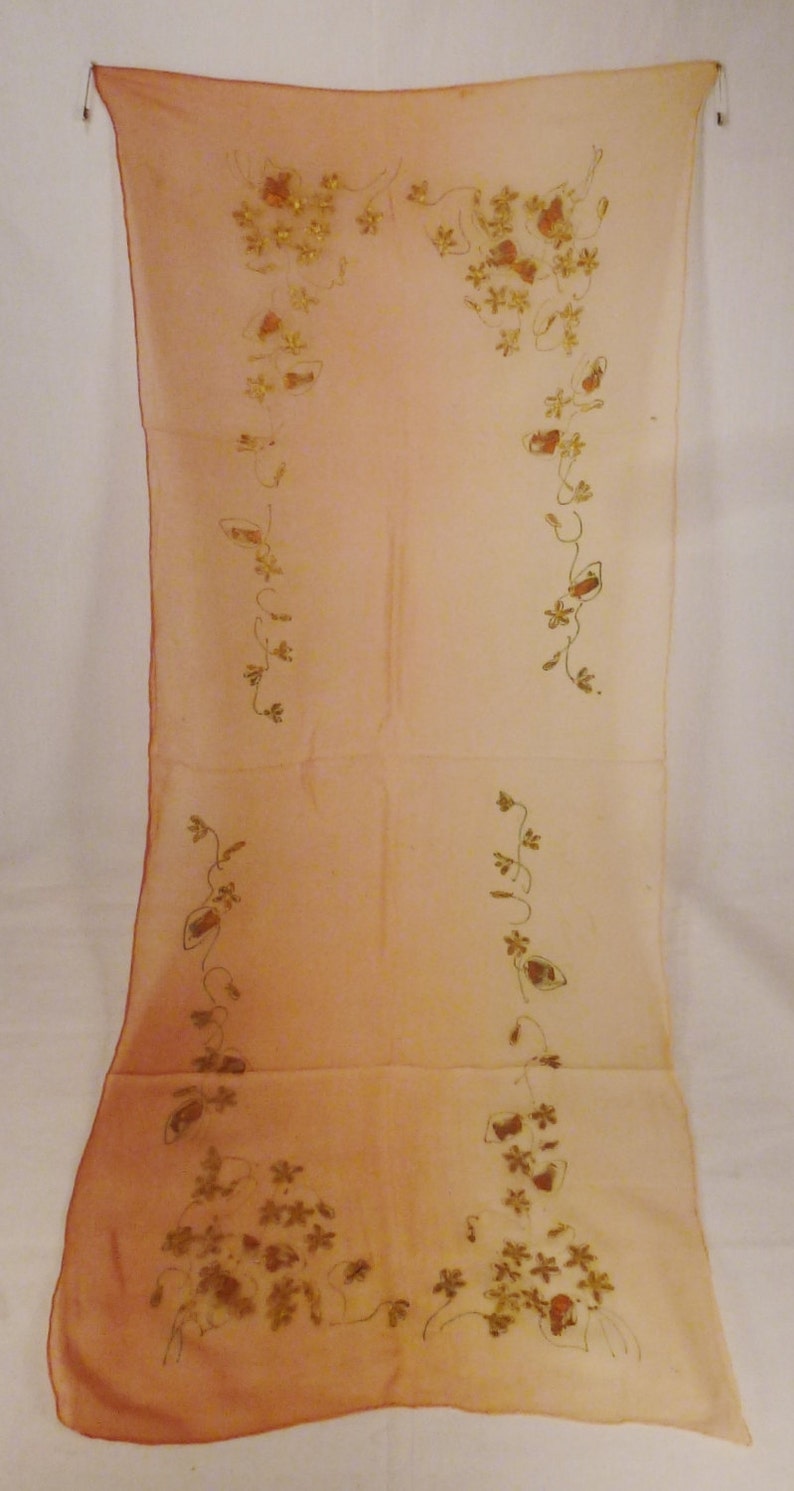 Vintage Silk SCARF VIOLETS Handpainted Copper and Gold Oganza Gauze Two tone beige Long 38X16 image 2