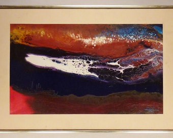 ABSTRACT PAINTING Listed artist Ted LOWNIK original acrylic blue and red  brown white colorful  framed 21 x 14 Signed